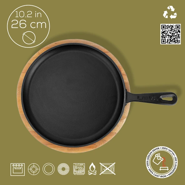 Lava Döküm Yuvarlak Pizza Krep Pankek Tavası Döküm Demir Yekpare Saplı Kayın Servis Ahşabı Çap(Ø)26cm. - Resim 4