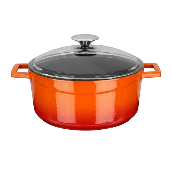 Lava Döküm Yuvarlak Tencere Cam kapaklı. Glaze Çap(Ø)24cm.  Turuncu ürün görseli 1