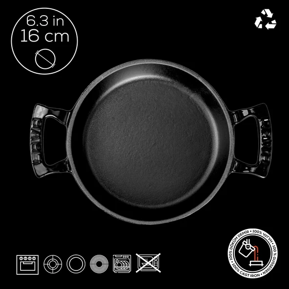 Lava Döküm Yuvarlak Sahan Döküm Demir Yekpare Çift Kulplu Çap(Ø)16cm.  Siyah - Resim 4