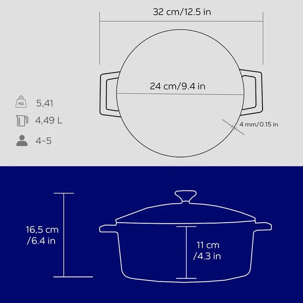 Lava Döküm Yuvarlak Tencere. Folk Çap(Ø)24cm.  Mavi - Resim 5