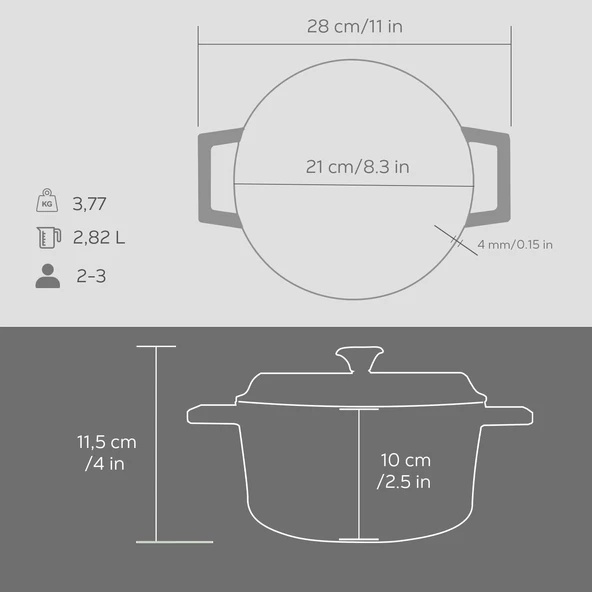 Lava Döküm Yuvarlak Tencere Döküm Demir Yekpare Kulplu Premium Serisi Çap(Ø)20cm.  Gri - Resim 5