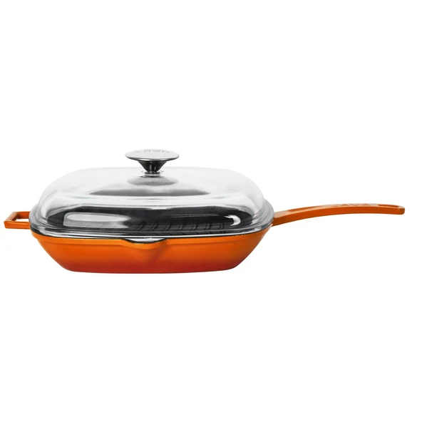 Lava Döküm Kare Izgara Tava Cam Kapaklı Döküm Demir Yekpare Saplı Ölçü 28x28cm.  Turuncu ürün görseli 1