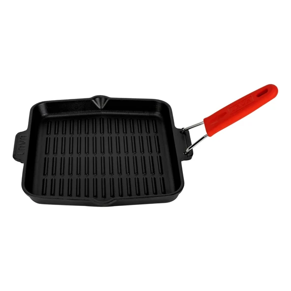 Lava Döküm Kare Sığ Izgara Tavası Silikon Tel Saplı Ölçü 24x24cm.  Kırmızı