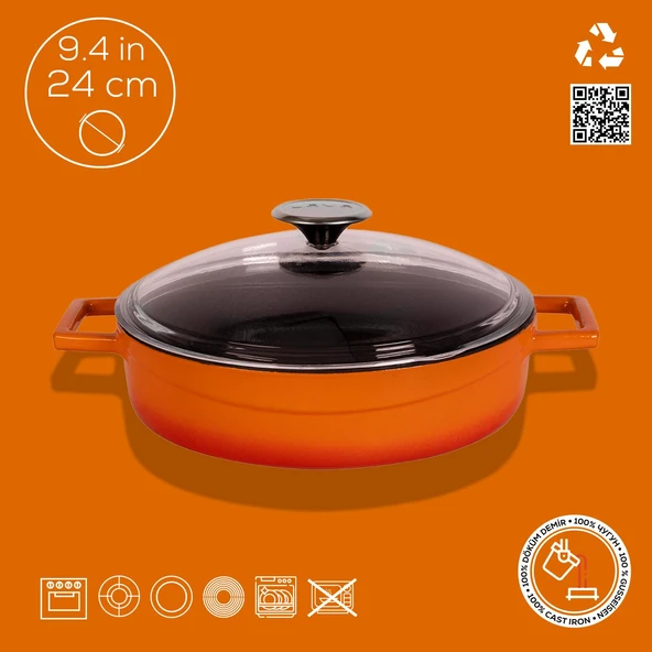 Lava Döküm Çok Amaçlı Yayvan Tencere. Glaze Serisi Çap(Ø)24cm. - Kırmızı  Turuncu - 4