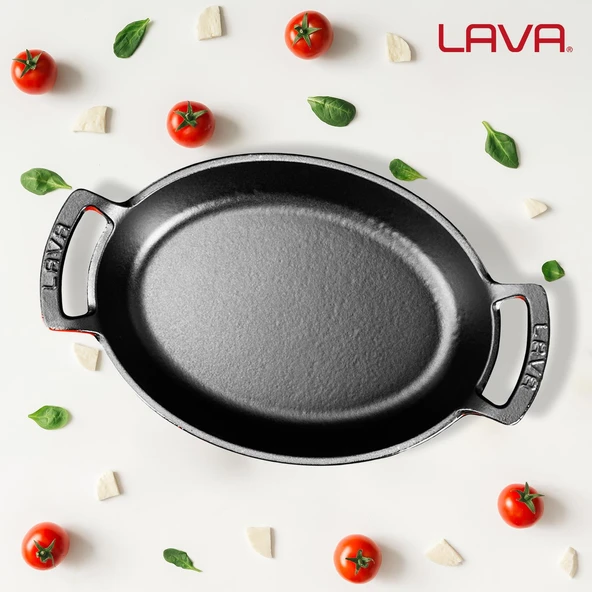 Lava Döküm Oval Sahan Döküm Demir Yekpare Çift Kulplu Ölçü 27x20cm.  Kırmızı - 7