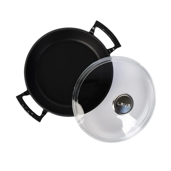 Lava Döküm Yuvarlak Sahan Cam Kapaklı Döküm Demir Yekpare Çift Kulplu Çap(Ø)24cm.  Siyah - Resim 3