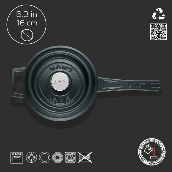 Lava Döküm Yuvarlak Sos Tenceresi Döküm Demir Yekpare Saplı Edition Serisi Çap(Ø16cm.  Siyah - Resim 4
