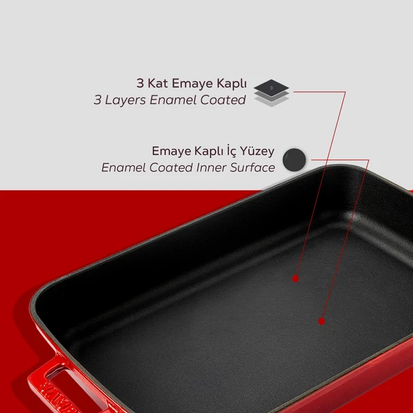 Lava Döküm Dikdörtgen Rosto ve Fırın Tepsisi Döküm Demir Yekpare Çift Kulplu Ölçü 22x30cm.  Kırmızı - 6