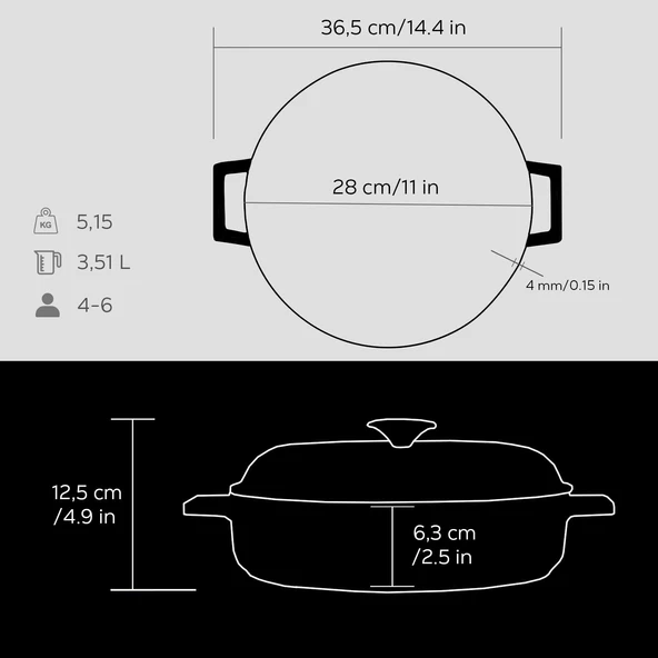 Lava Döküm Çok Amaçlı Yayvan Tencere. Kubbe Form Kapaklı Folk Serisi Çap(Ø)28cm.  Siyah - Resim 5