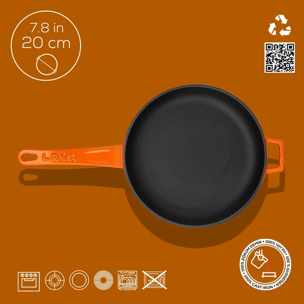 Lava Döküm Yuvarlak Kızartma Tavası Döküm Demir Yekpare Saplı  Çap(Ø)20cm.  Turuncu - 4