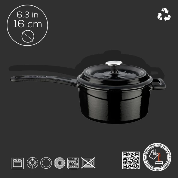 Lava Döküm Yuvarlak Sos Tenceresi. Döküm Demir Yekpare Saplı Trendy Serisi Çap(Ø16 cm. Siyah - 4