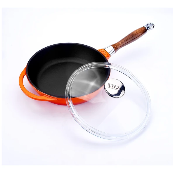 Lava Döküm Yuvarlak Kızartma Tavası Cam Kapaklı Döküm Demir Sök - Tak Ahşap Sap Çap(Ø)24cm  Turuncu - Resim 2