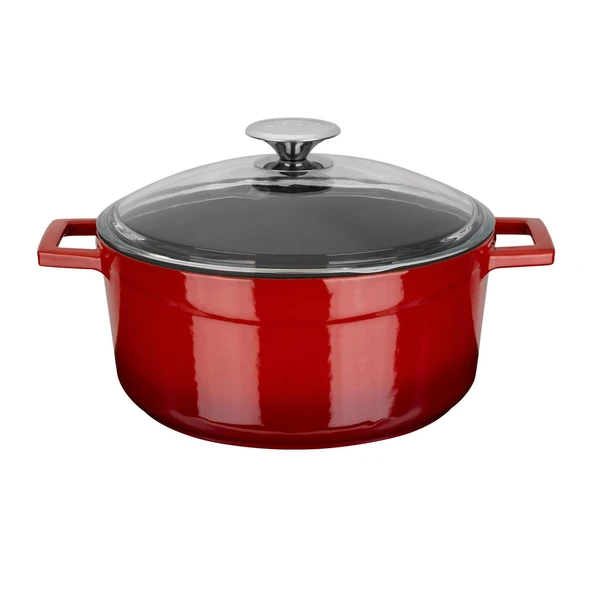 Lava Döküm Yuvarlak Tencere Cam kapaklı. Glaze Çap(Ø)24cm.  Kırmızı ürün görseli 1