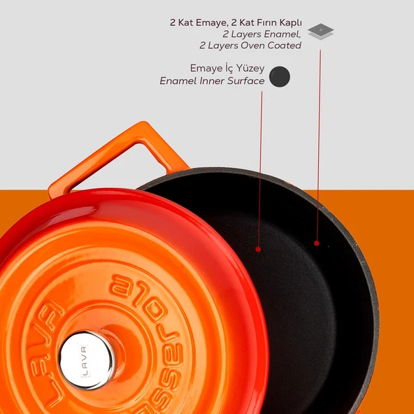 Lava Döküm Yuvarlak Tencere. Trendy Çap(Ø) 18cm.  Turuncu - Resim 5