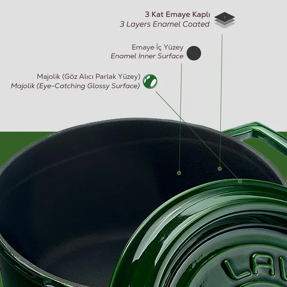 Lava Döküm Yuvarlak Tencere Döküm Demir Yekpare Kulplu Premium Serisi Çap(Ø)20cm.  Yeşil - Resim 6