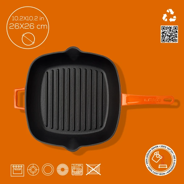 Lava Döküm Kare Izgara Tava Döküm Demir Yekpare Saplı Ölçü 26x26cm.  Turuncu - Resim 4