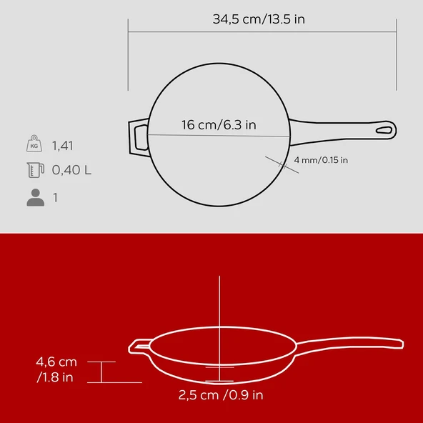 Lava Döküm Yuvarlak Kızartma Tavası Döküm Demir Yekpare Saplı Çap(Ø)16cm.  Kırmızı - Resim 5