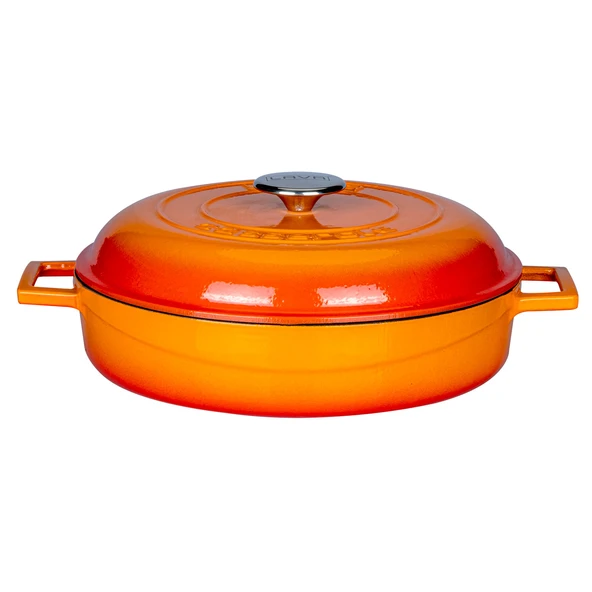 Lava Döküm Çok Amaçlı Yayvan Tencere. Kubbe Form Kapaklı Folk Serisi Çap(Ø)28cm.  Turuncu ürün görseli