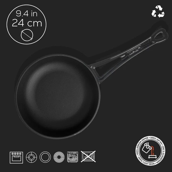 Lava Döküm Yuvarlak Kızartma Tavası Döküm Demir Yekpare Saplı Çap(Ø)24cm.  Siyah - 3