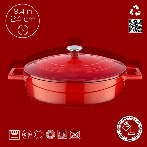 Lava Döküm Çok Amaçlı Yayvan Tencere. Folk Serisi Çap(Ø)24cm.  Kırmızı - Resim 4