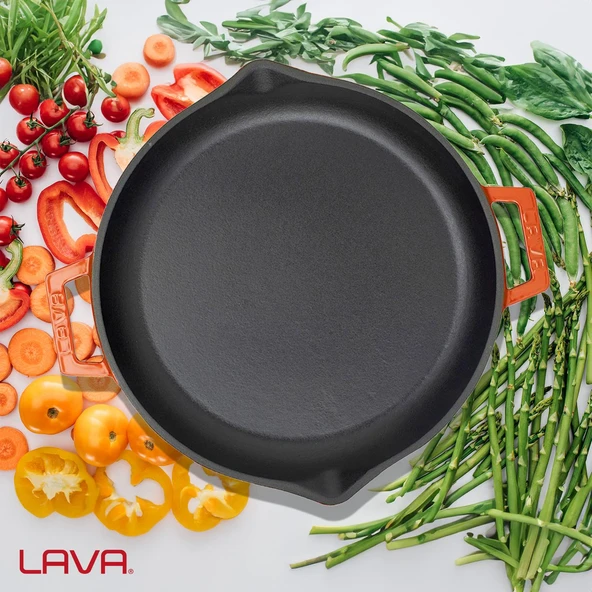 Lava Döküm Yuvarlak Kızartma Tavası Döküm Demir Yekpare Çift Kulplu Çap(Ø)30cm.  Turuncu - 7