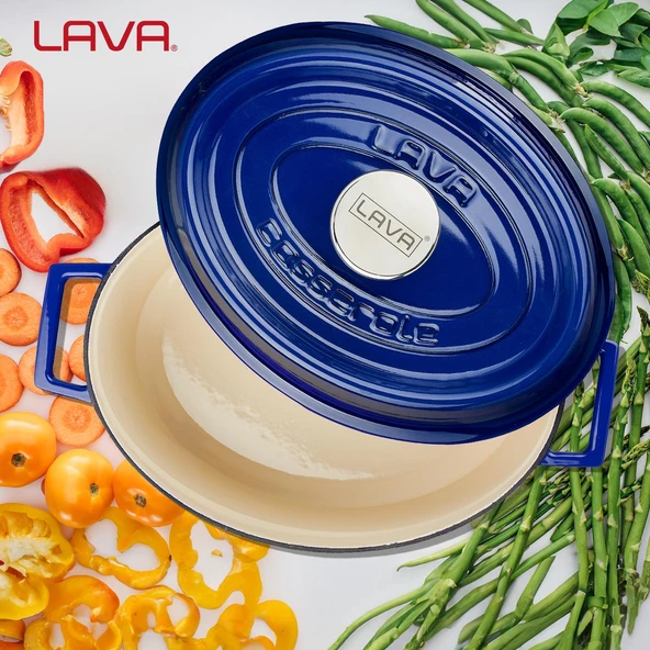 Lava Döküm Oval Tencere. Edition Serisi Ölçü 25x31cm.  Mavi - Resim 7