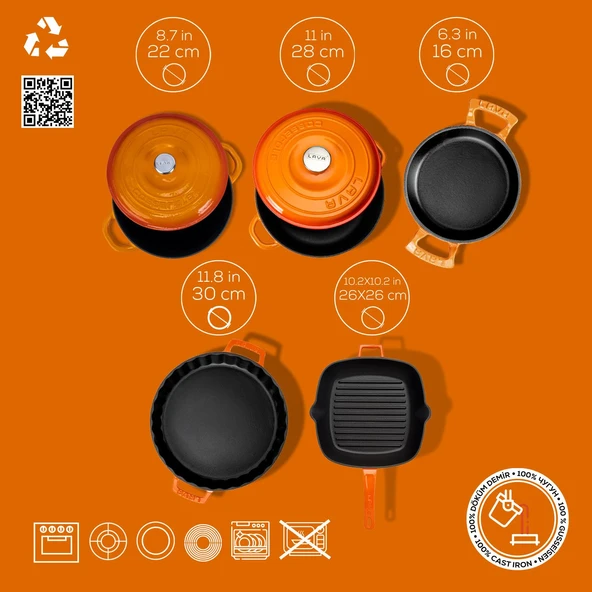Lava Döküm 5X New Heritage Serisi Döküm Demir Tencere & Tava Seti  Turuncu - Resim 3