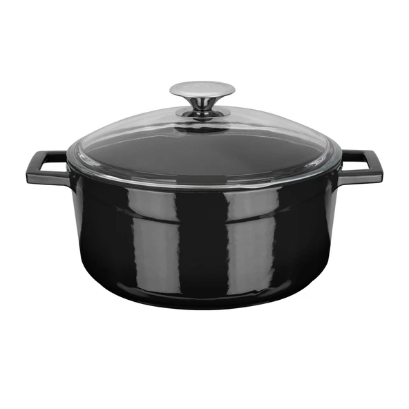 Lava Döküm Yuvarlak Tencere Cam kapaklı. Glaze Çap(Ø)24cm.  Siyah ürün görseli 1