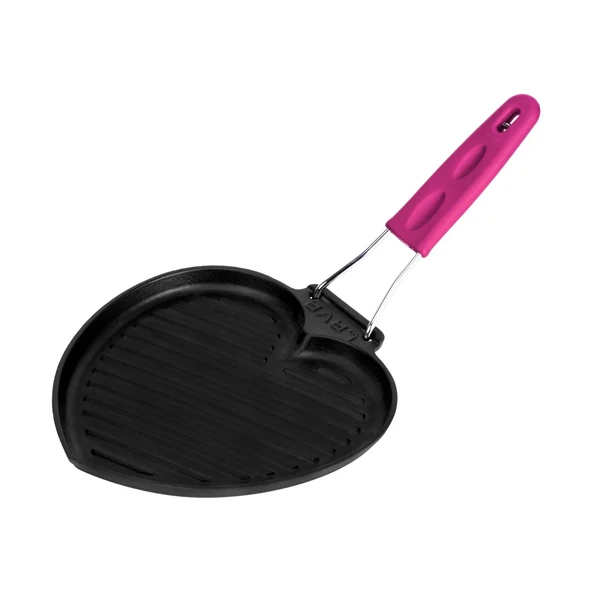 Lava Döküm Sığ Izgara Tavası Love Serisi Silikon Tel Saplı Ölçü 22x23cm.  Pembe