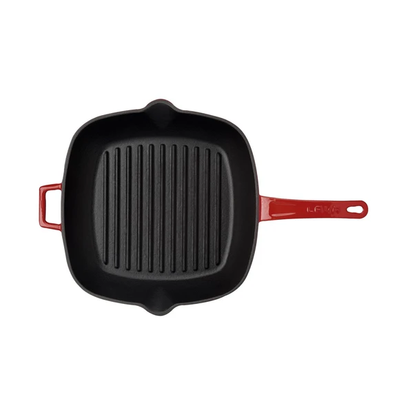Lava Döküm Kare Izgara Tava Cam Kapaklı Döküm Demir Yekpare Saplı Ölçü 26x26cm.  Kırmızı - 3