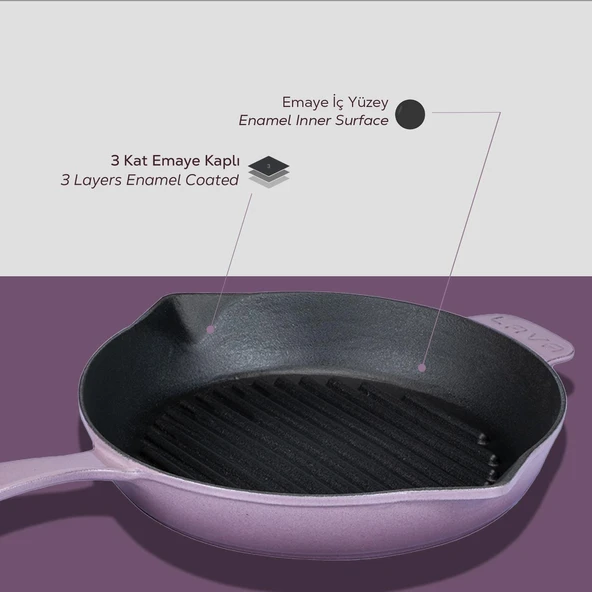 Lava Döküm Yuvarlak Izgara Tava Döküm Demir Yekpare Saplı Çap(Ø)28cm.  Mor - 6