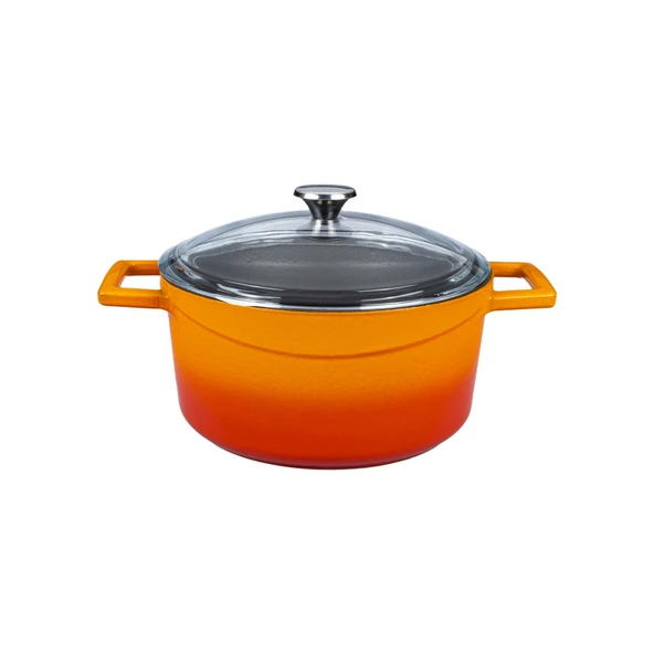 Lava Döküm Yuvarlak Tencere Cam kapaklı. Glaze Çap(Ø)20cm.  Turuncu
