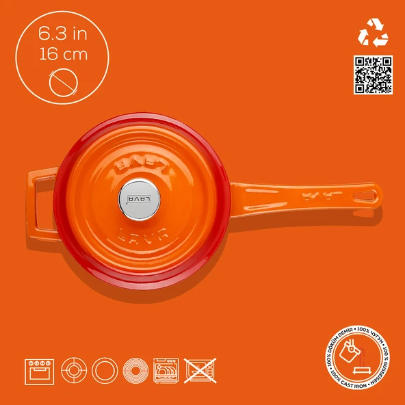 Lava Döküm Yuvarlak Sos Tenceresi Döküm Demir Yekpare Saplı Edition Serisi Çap(Ø16cm.  Turuncu - Resim 4