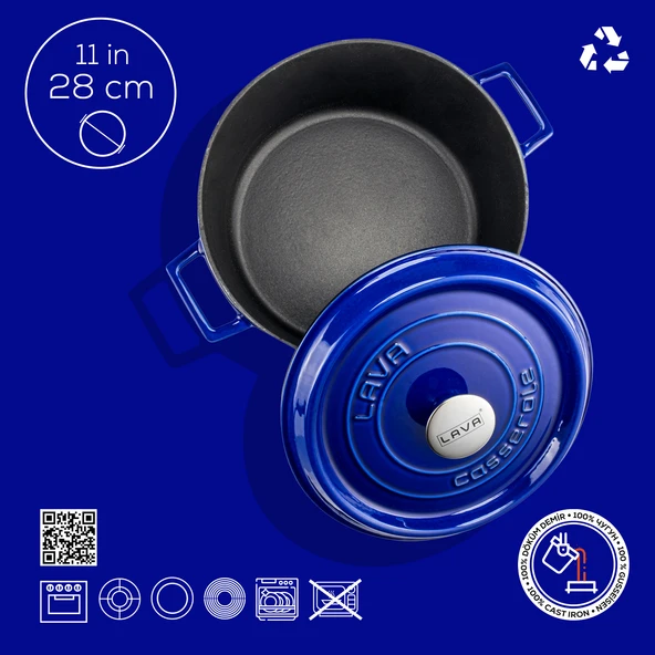 Lava Döküm Yuvarlak Tencere Döküm Demir Yekpare Kulplu Premium Serisi Çap(Ø)28cm.  Mavi - Resim 5