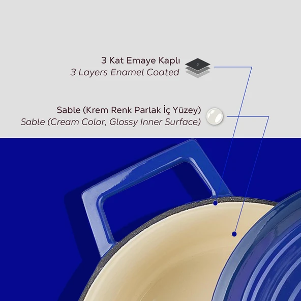 Lava Döküm Yuvarlak Tencere Döküm Demir Yekpare Kulplu Edition Serisi Çap(Ø)20cm.  Mavi - 6