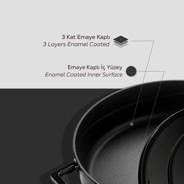 Lava Döküm Oval Tencere. Folk Serisi Ölçü 23x29cm.  Siyah - Resim 6