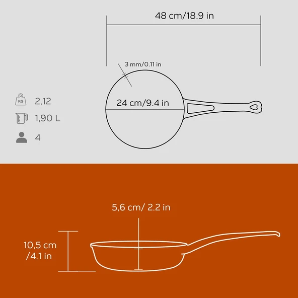 Lava Döküm Yuvarlak Kızartma Tavası Döküm Demir Yekpare Saplı Çap(Ø)24cm.  Turuncu - Resim 5