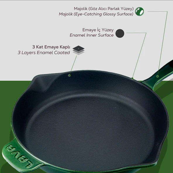 Lava Döküm Yuvarlak Kızartma Tavası Döküm Demir Yekpare Saplı Premium Serisi. Çap(Ø)28cm.  Yeşil - 6