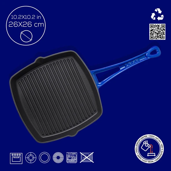 Lava Döküm Kare Izgara Tava Döküm Demir Yekpare Saplı. Ölçü 26x26cm.  Mavi - Resim 4