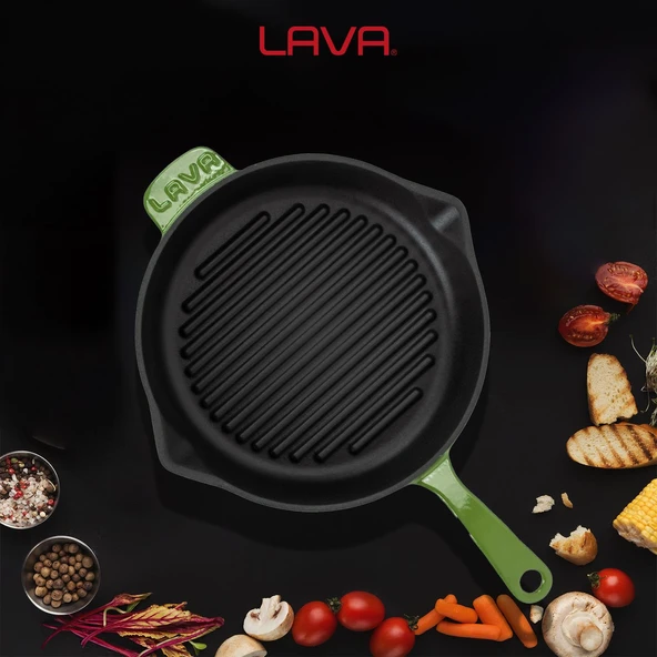 Lava Döküm Yuvarlak Izgara Tava Döküm Demir Yekpare Saplı Çap(Ø)28cm.  Yeşil - Resim 7