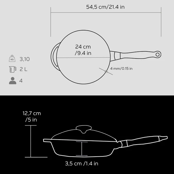 Lava Döküm Yuvarlak Kızartma Tavası Cam Kapaklı Döküm Demir Sök - Tak Ahşap Sap Çap(Ø)24cm  Siyah - 4