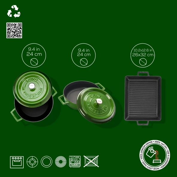 Lava Döküm 6X Trendy Serisi Döküm Demir Tencere Tava Çeyiz Seti  Yeşil - Resim 5