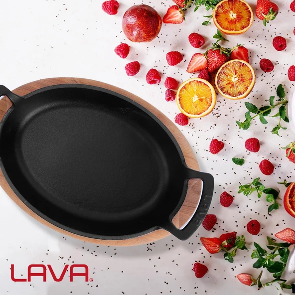 Lava Döküm Oval Sahan Döküm Demir Yekpare Çift Kulplu Kayın Servis Ahşabı Ölçü 19x14cm.  Kırmızı - 7
