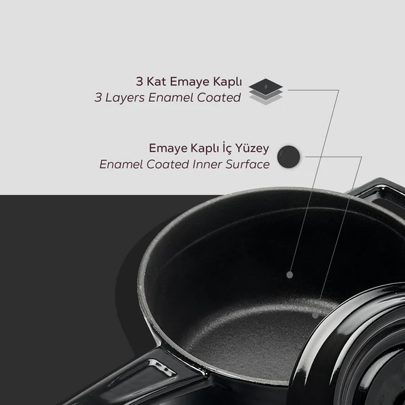 Lava Döküm Yuvarlak Sos Tenceresi. Döküm Demir Yekpare Saplı Trendy Serisi Çap(Ø16 cm.  Siyah - 6