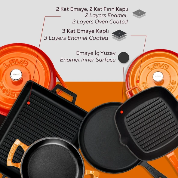 Lava Döküm 5x Trendy Serisi 8 Parça Tencere & Tava Seti  Turuncu - Resim 7