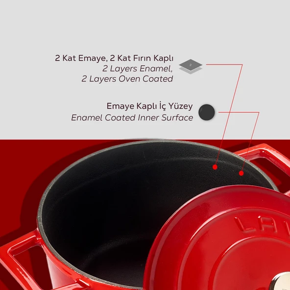 Lava Döküm Yuvarlak Tencere. Folk Çap(Ø)20cm.  Kırmızı - Resim 6