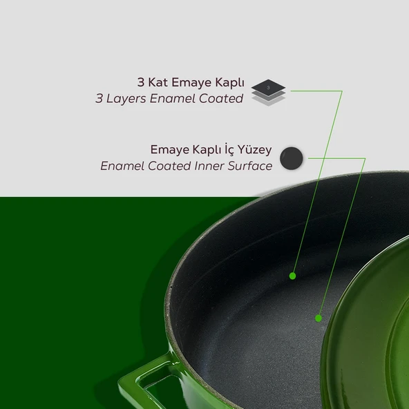 Lava Döküm Oval Tencere. Folk Serisi Ölçü 23x29cm.  Yeşil - Resim 6