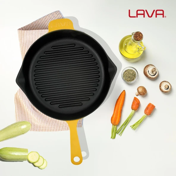 Lava Döküm Yuvarlak Izgara Tavası Döküm Demir Yekpare Saplı Spring Serisi Çap(Ø)28cm.  Sarı - 7