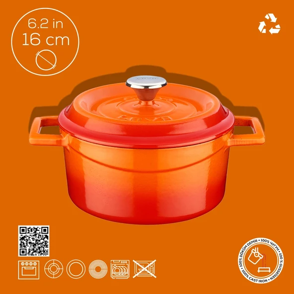 Lava Döküm Yuvarlak Tencere. Trendy Çap(Ø) 16cm.  Turuncu - Resim 3