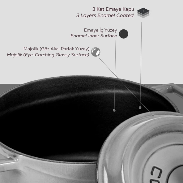 Lava Döküm Yuvarlak Tencere Döküm Demir Yekpare Kulplu Premium Serisi Çap(Ø)20cm.  Gri - Resim 6